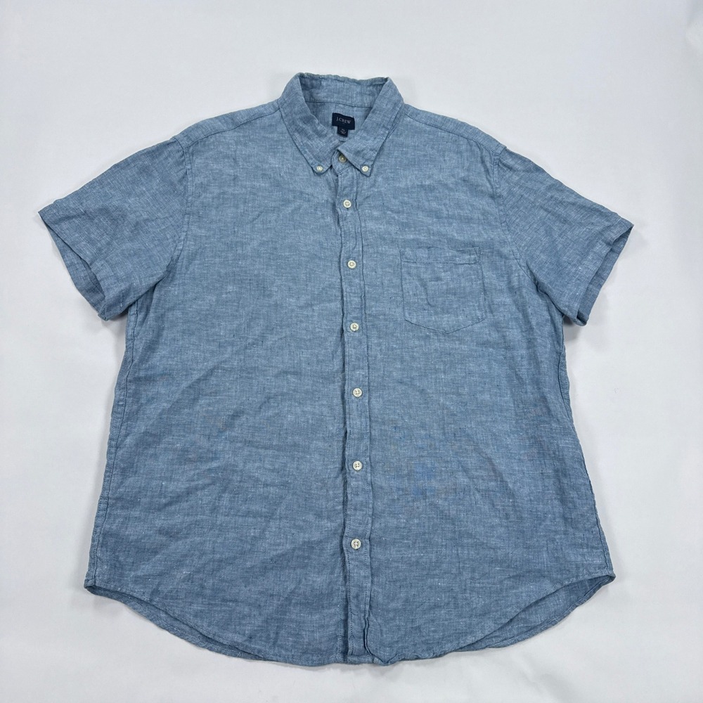 J Crew Mens Shirt XL Blue 100% Linen Short Sleeve Button Down Minimalist Casual